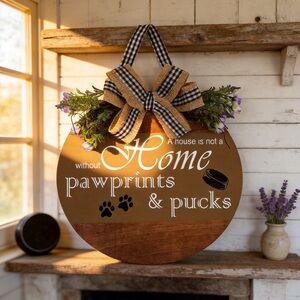 Rustic Brown Home Accent Sign For Families Who Love Dogs & Hockey